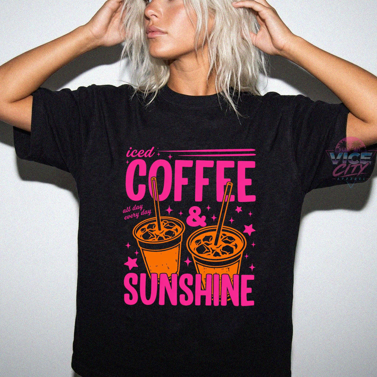 Iced Coffee and Sunshine" T-shirt, "Iced Coffee" T-shirt, gift for coffee lovers, summer graphic tee, "Summer Vibes" T-shirt, coffee T-shirt