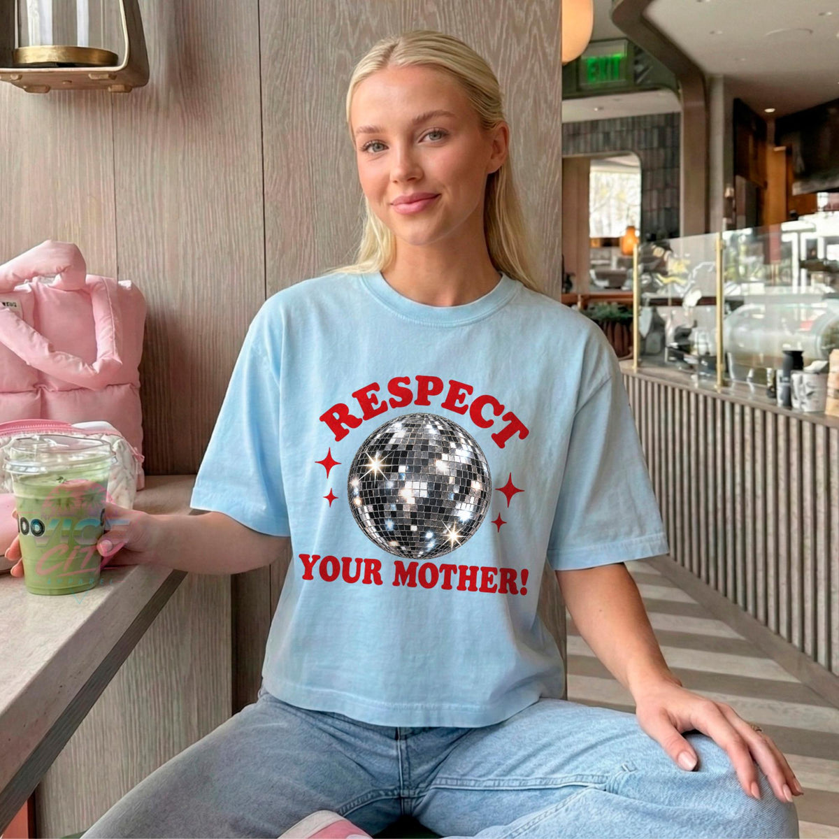 Disco Ball Print T-Shirt: Respect Disco Boxy Tee, Romantic Retro Boxy Tee with Comforting Colors for Mom, Christmas Gift Boxy Tee