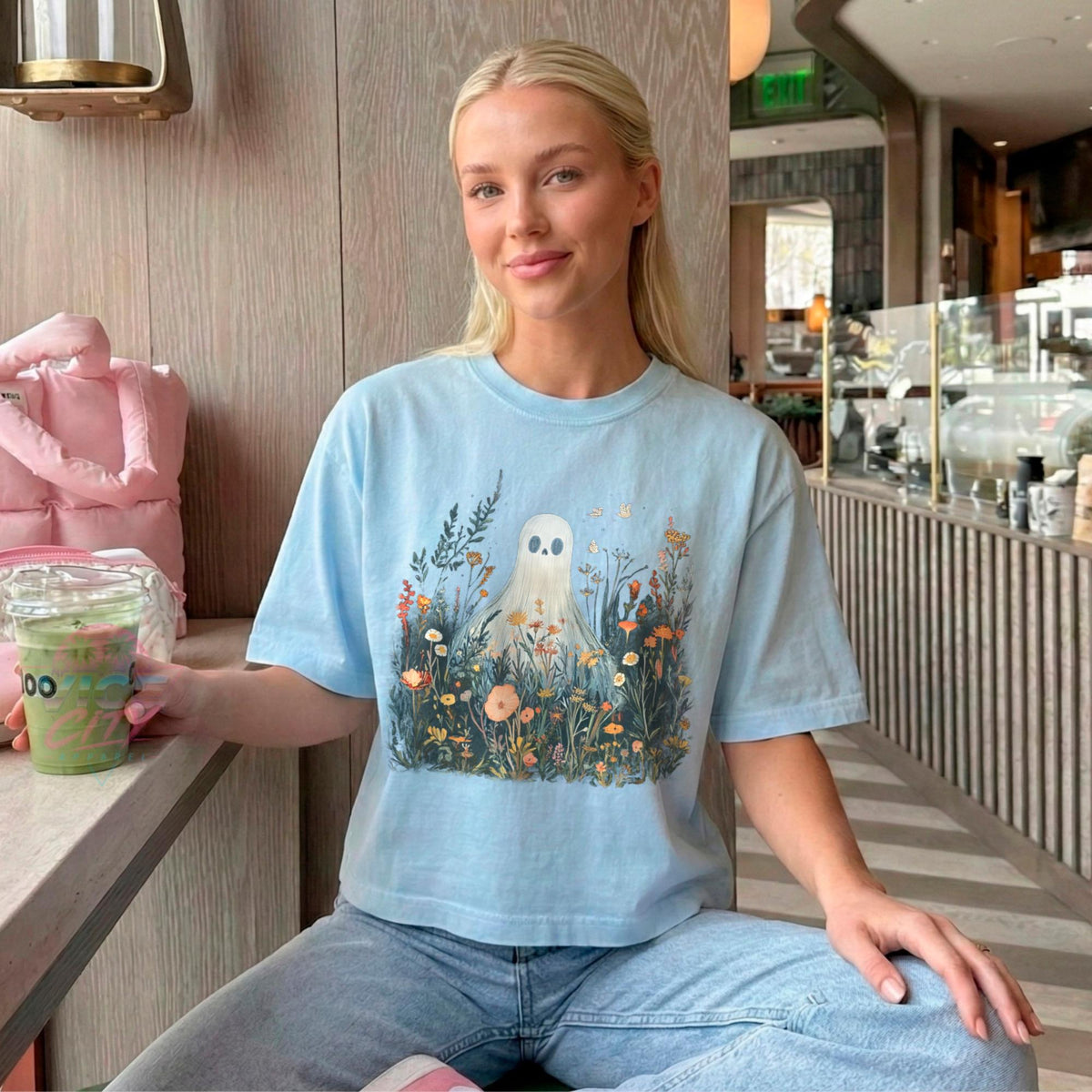 boxy cropped tee comfort colors ghost flowers halloween