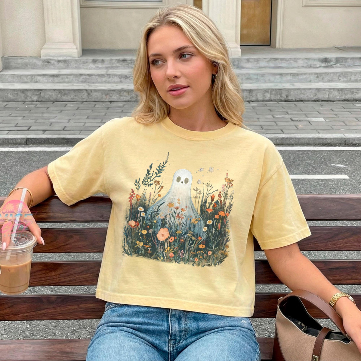 boxy cropped tee comfort colors ghost flowers halloween