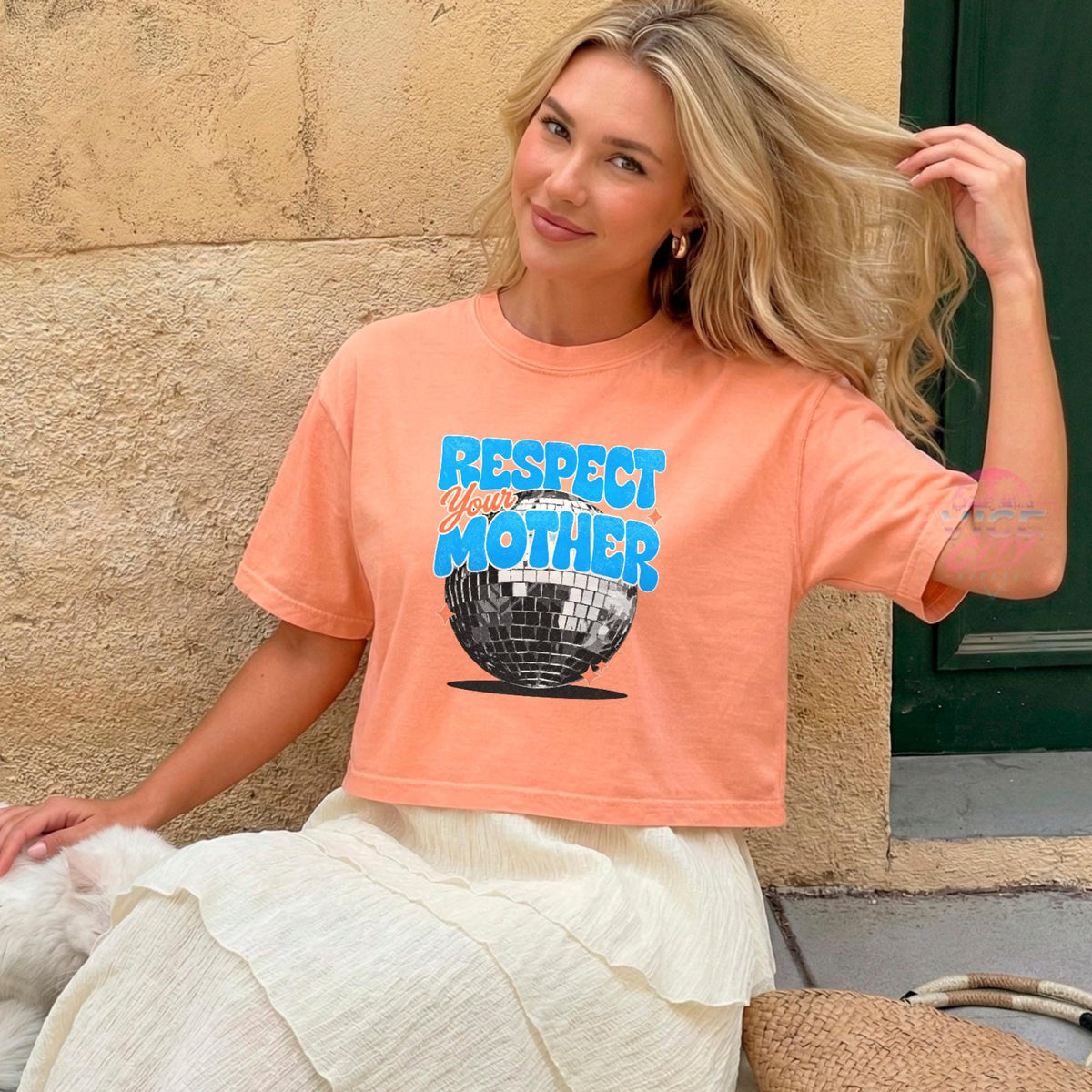 Disco Ball Print T-Shirt: Respect Disco Boxy Tee, Romantic Retro Boxy Tee with Comforting Colors for Mom, Christmas Gift Boxy Tee
