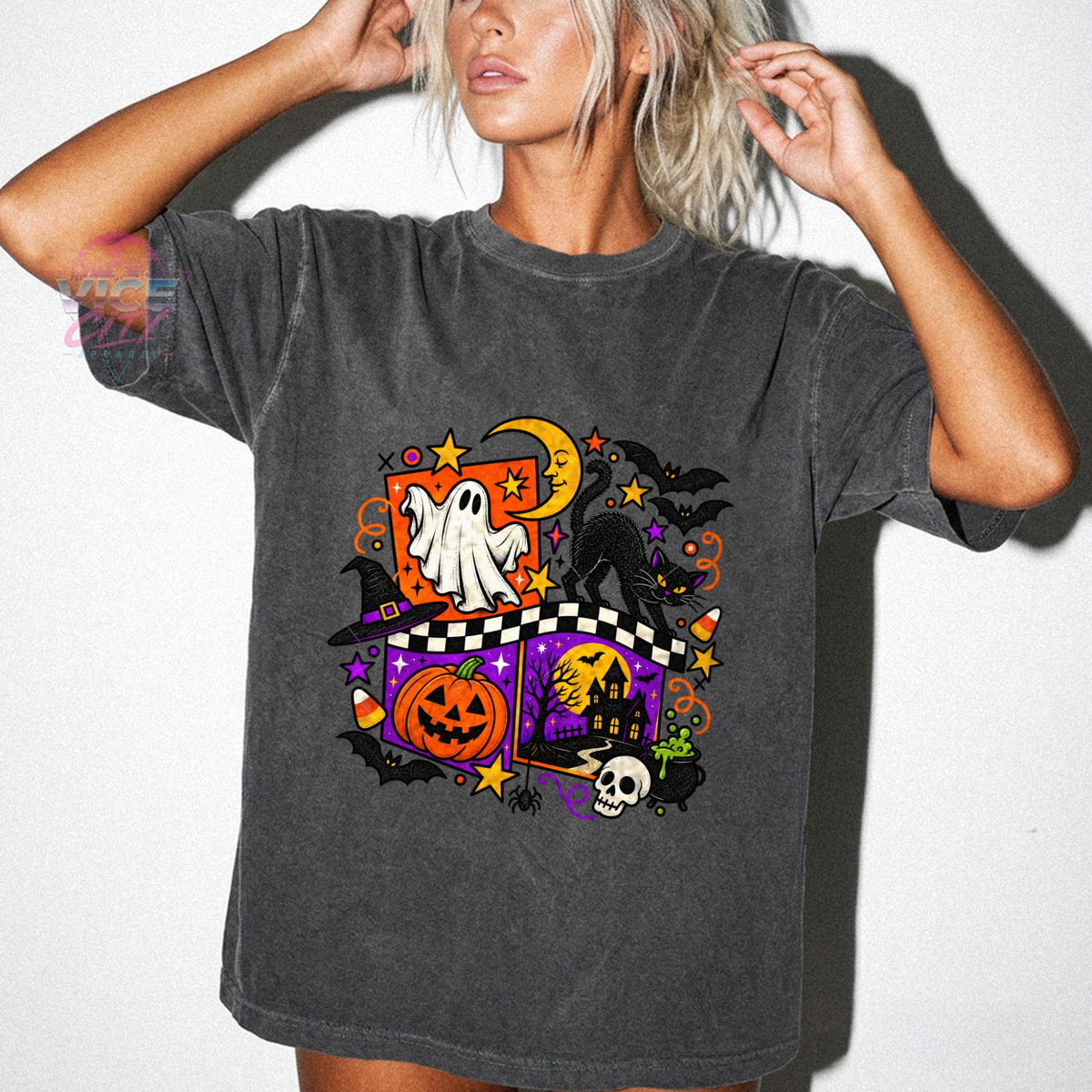 Retro Halloween Shirt, Ghost Black Cat Pumpkin T-Shirt, Checkered Spooky Season Tee, Comfort Colors Halloween Tee, Haunted House Shirt