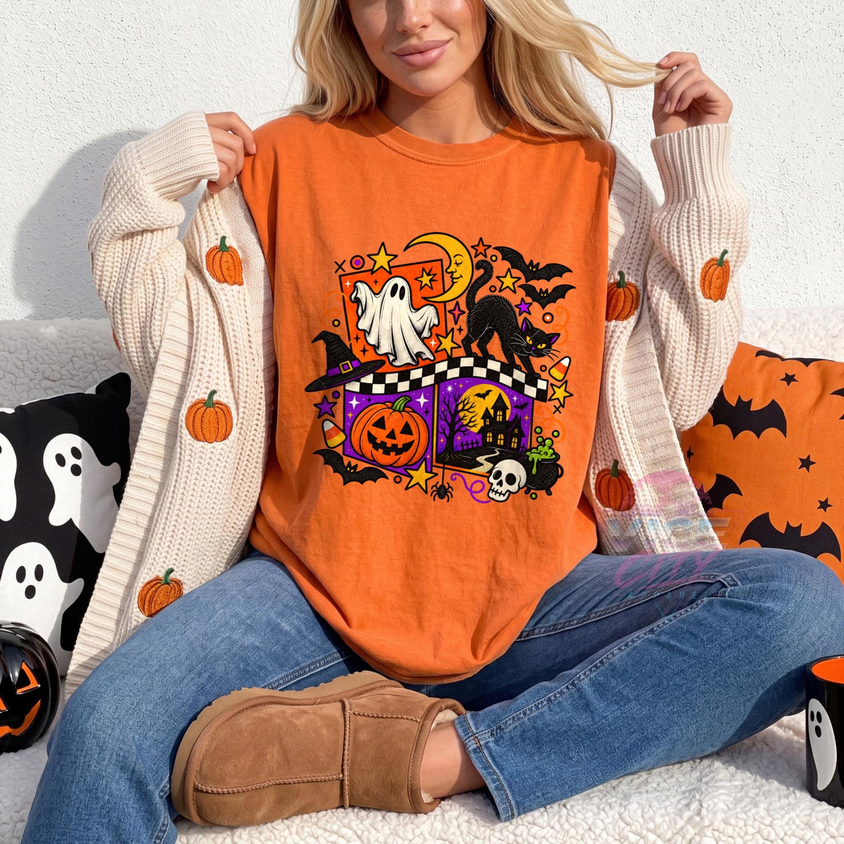 Retro Halloween Shirt, Ghost Black Cat Pumpkin T-Shirt, Checkered Spooky Season Tee, Comfort Colors Halloween Tee, Haunted House Shirt