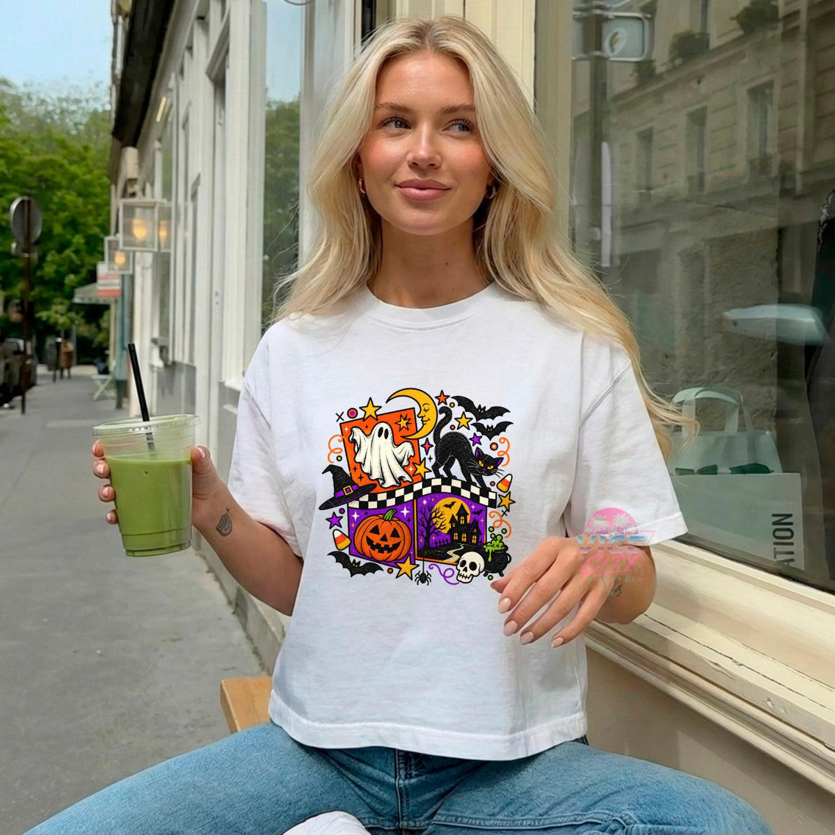 Retro Halloween Boxy Tee, Ghost Black Cat Pumpkin Cropped T-Shirt, Checkered Spooky Season Shirt, Comfort Colors Womens Halloween Tee