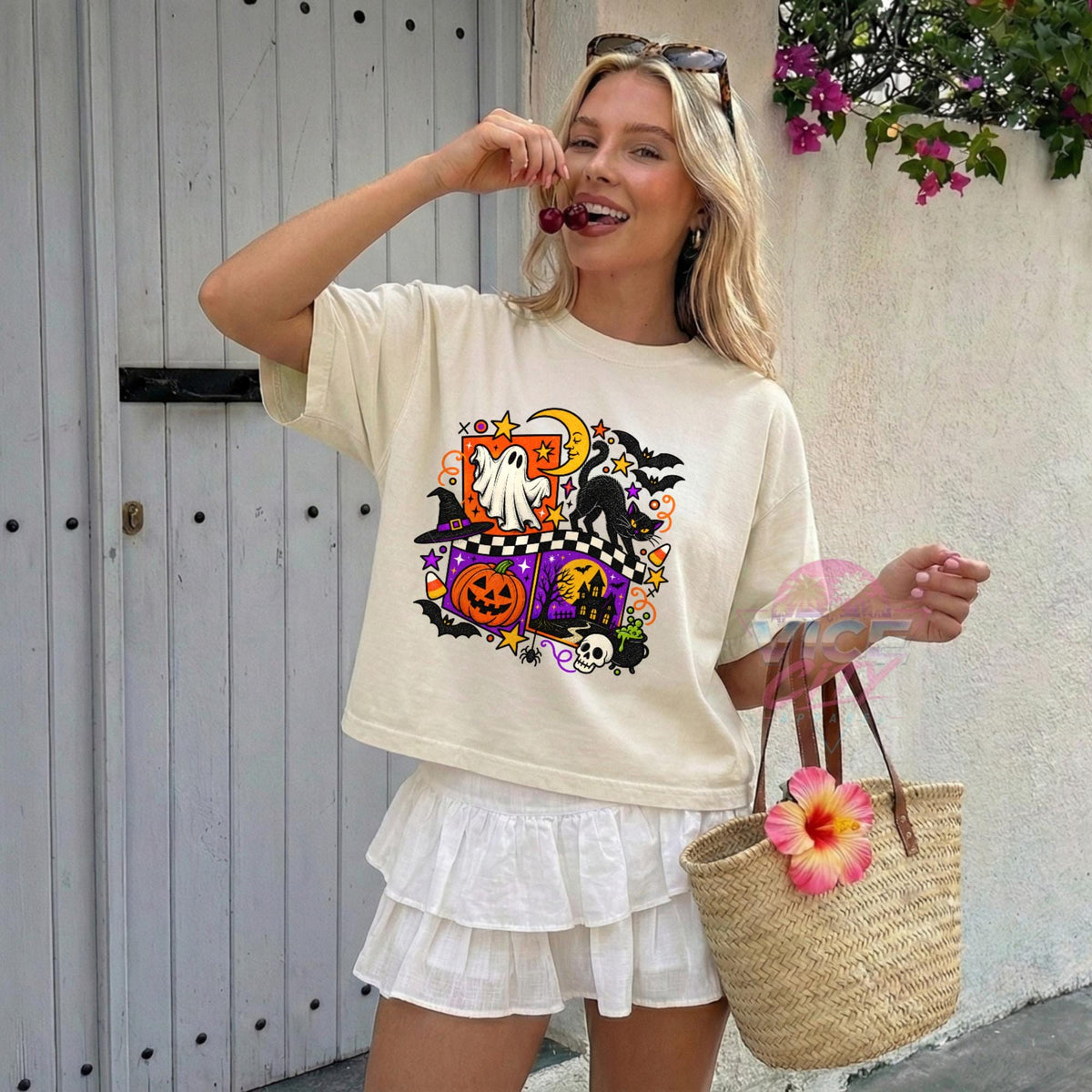 Retro Halloween Boxy Tee, Ghost Black Cat Pumpkin Cropped T-Shirt, Checkered Spooky Season Shirt, Comfort Colors Womens Halloween Tee