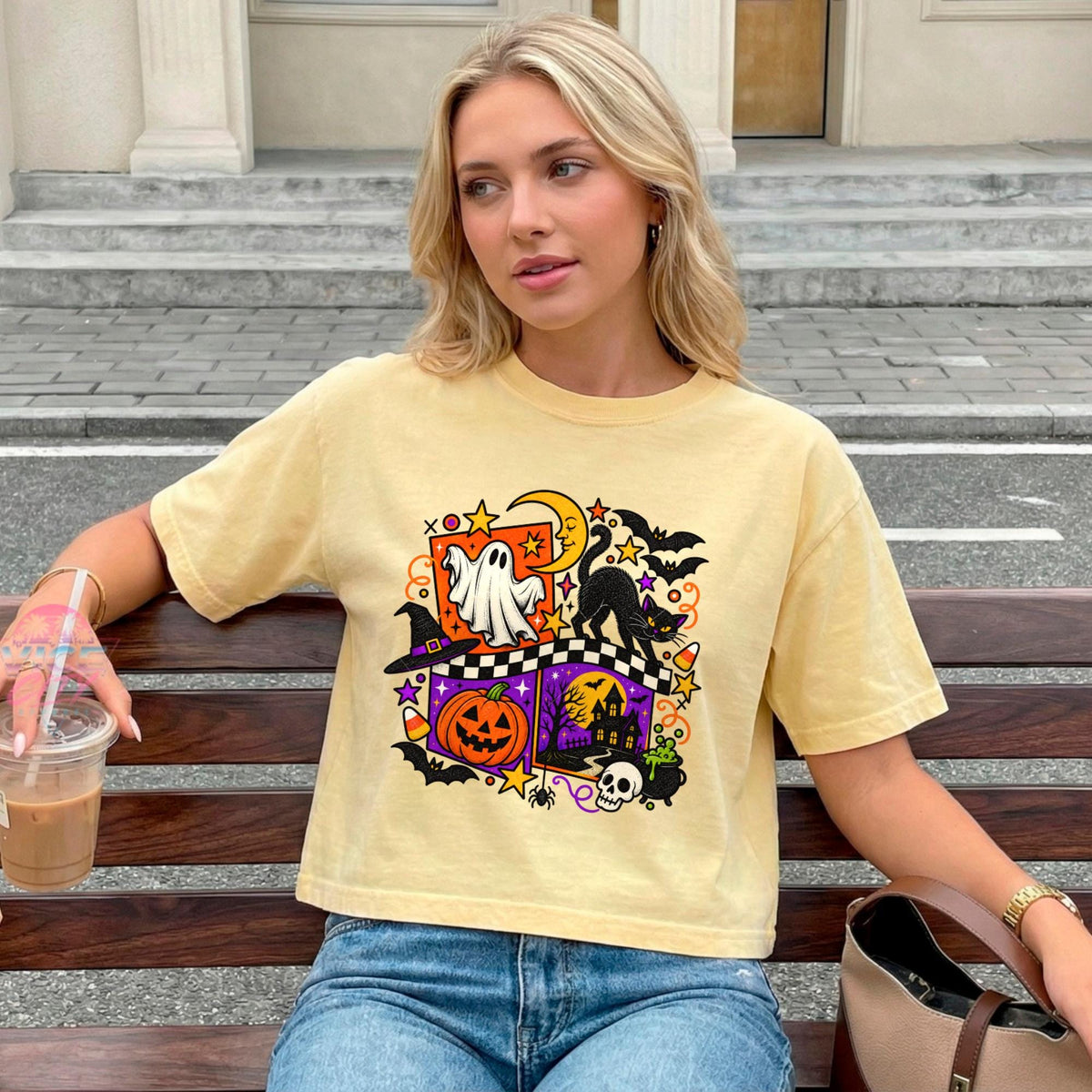 Retro Halloween Boxy Tee, Ghost Black Cat Pumpkin Cropped T-Shirt, Checkered Spooky Season Shirt, Comfort Colors Womens Halloween Tee