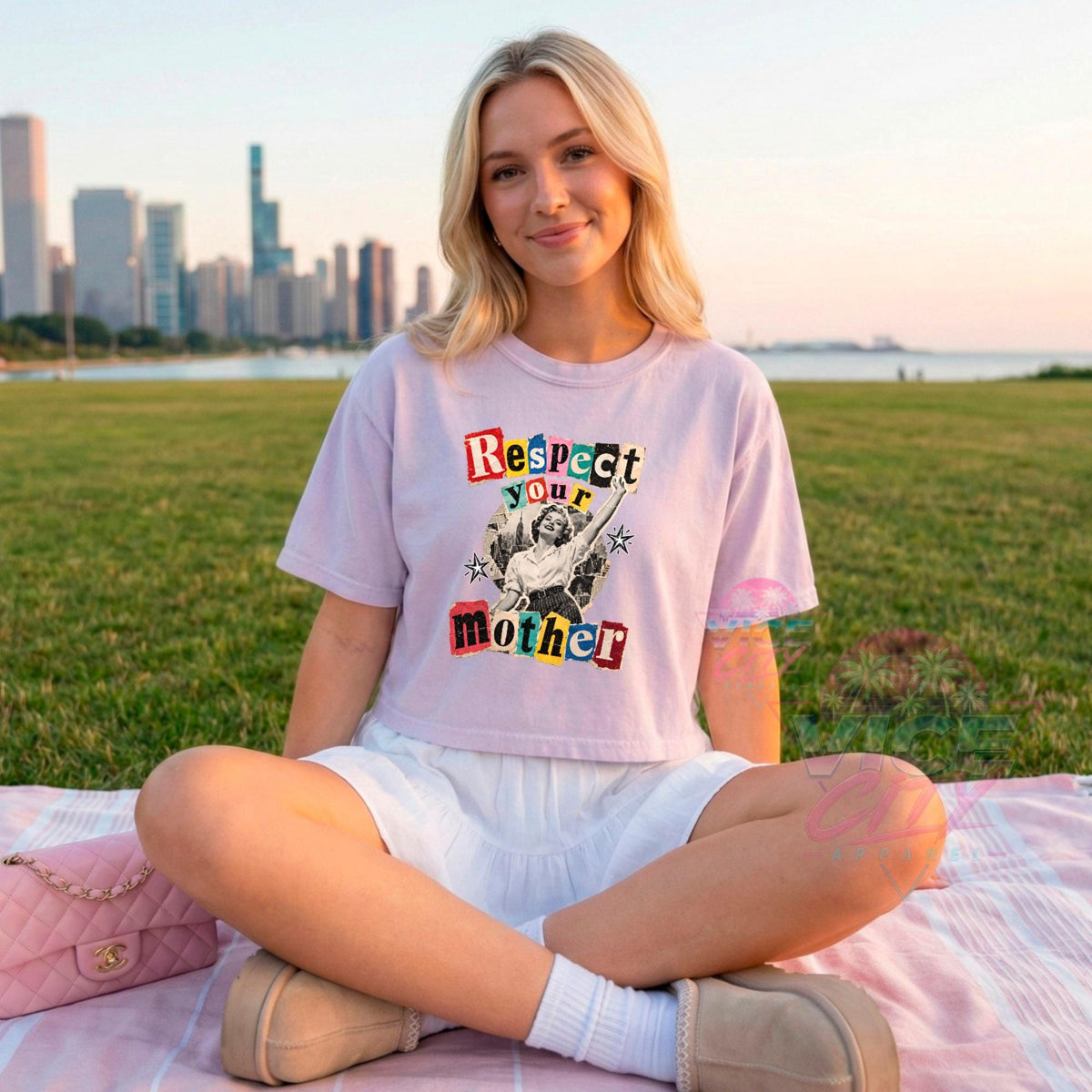 Respect Your Mother Print T-Shirt: Retro Collage Boxy Tee, Vintage Pin Up Boxy Tee with Comforting Colors for Mom, Christmas Gift Boxy Tee