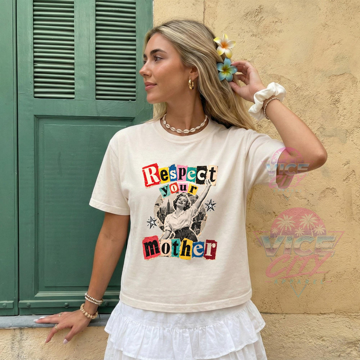 Respect Your Mother Print T-Shirt: Retro Collage Boxy Tee, Vintage Pin Up Boxy Tee with Comforting Colors for Mom, Christmas Gift Boxy Tee
