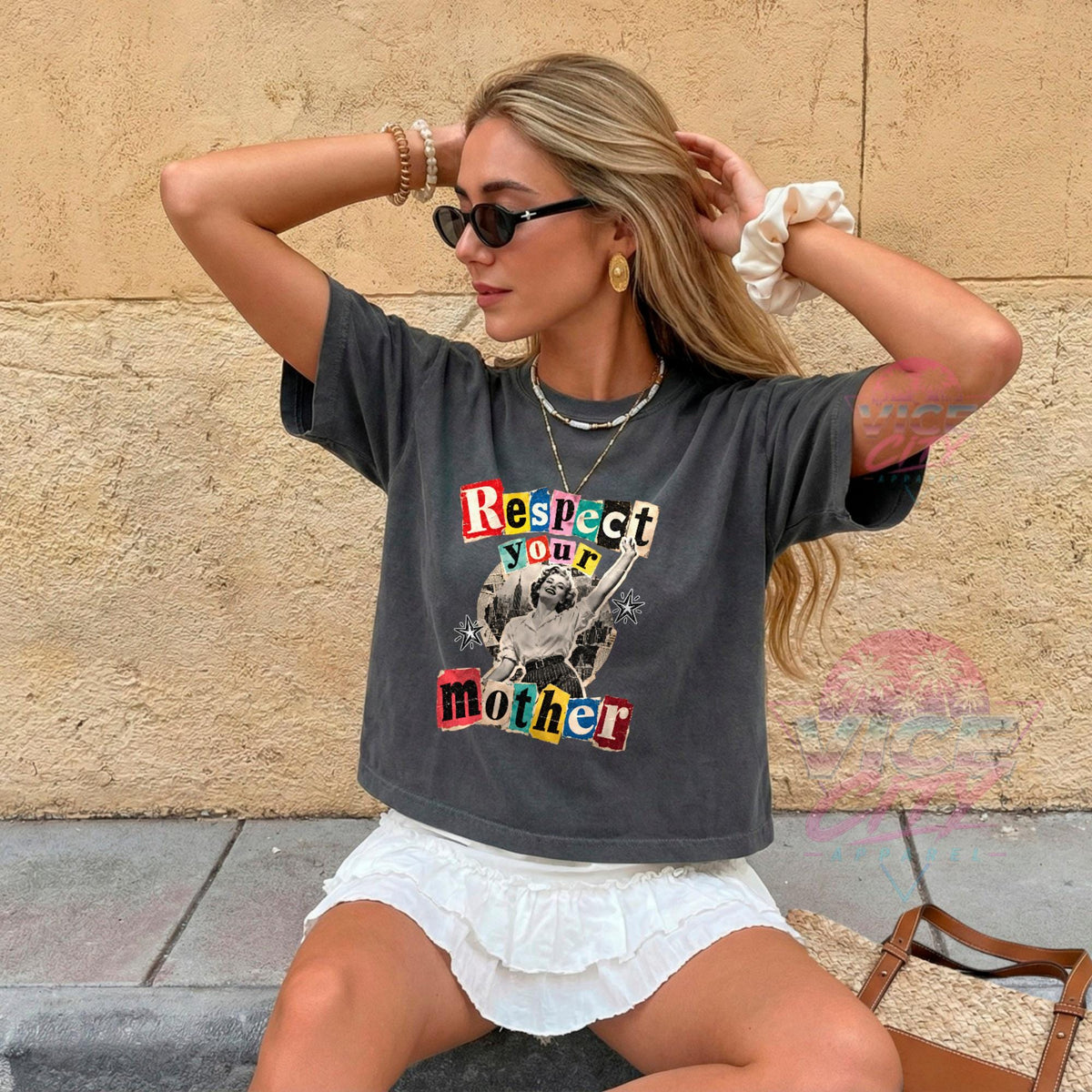 Respect Your Mother Print T-Shirt: Retro Collage Boxy Tee, Vintage Pin Up Boxy Tee with Comforting Colors for Mom, Christmas Gift Boxy Tee