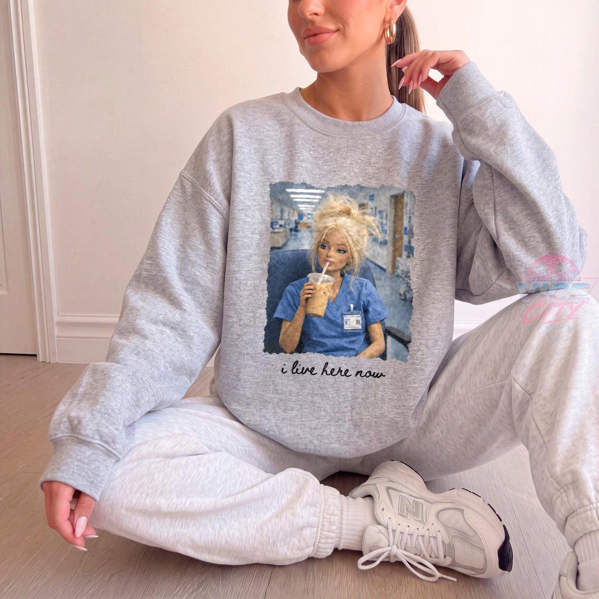 I Live Here Now Nurse Sweatshirt, Funny Doll Nurse Crewneck, Iced Coffee Nurse Sweater, Night Shift RN Shirt, Nursing School Gift for Her