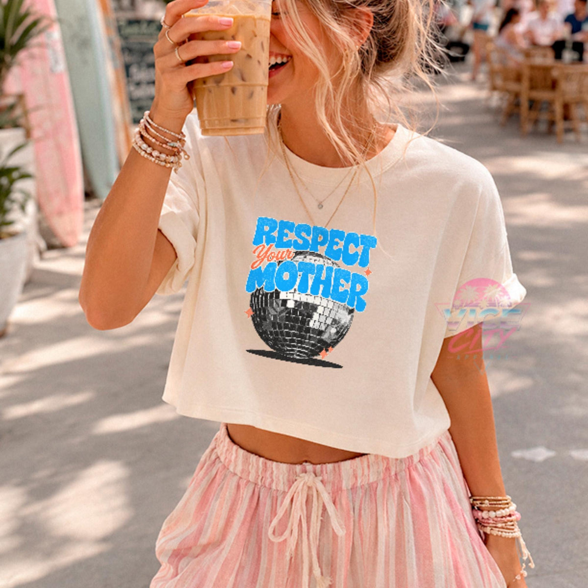 Disco Ball Print T-Shirt: Respect Disco Boxy Tee, Romantic Retro Boxy Tee with Comforting Colors for Mom, Christmas Gift Boxy Tee