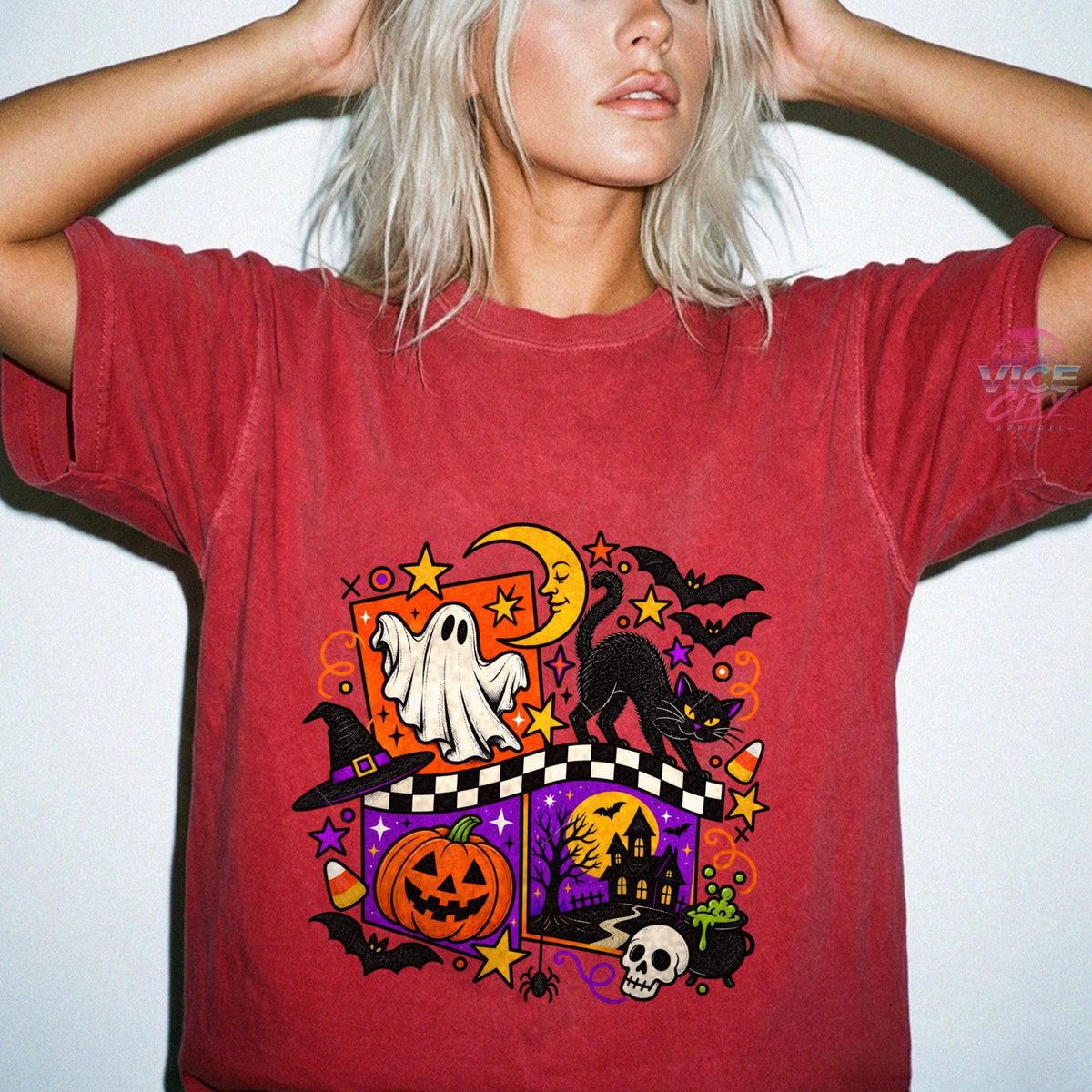 Retro Halloween Shirt, Ghost Black Cat Pumpkin T-Shirt, Checkered Spooky Season Tee, Comfort Colors Halloween Tee, Haunted House Shirt