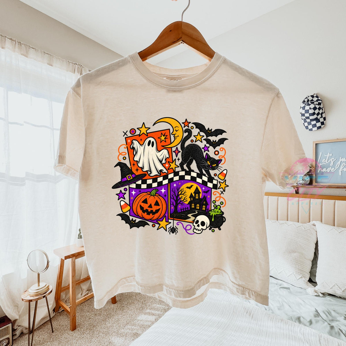 Retro Halloween Boxy Tee, Ghost Black Cat Pumpkin Cropped T-Shirt, Checkered Spooky Season Shirt, Comfort Colors Womens Halloween Tee