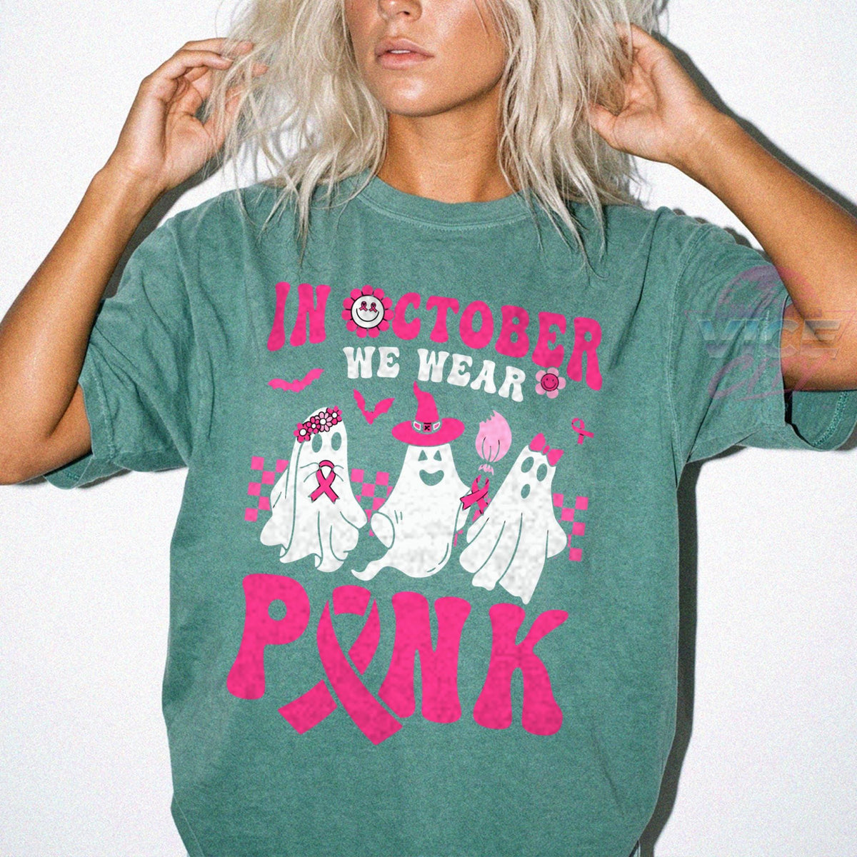 In October We Wear Pink Shirt, Ghost Breast Cancer Awareness T-Shirt, Pink Ribbon Halloween Tee, Comfort Colors Cancer Support Tee