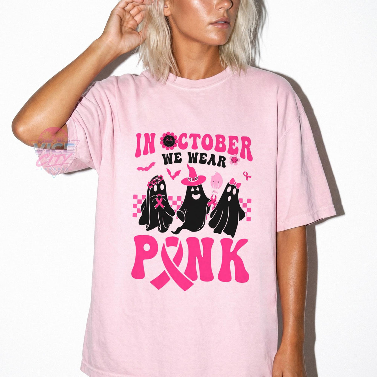 In October We Wear Pink Shirt, Ghost Breast Cancer Awareness T-Shirt, Pink Ribbon Halloween Tee, Comfort Colors Cancer Support Tee