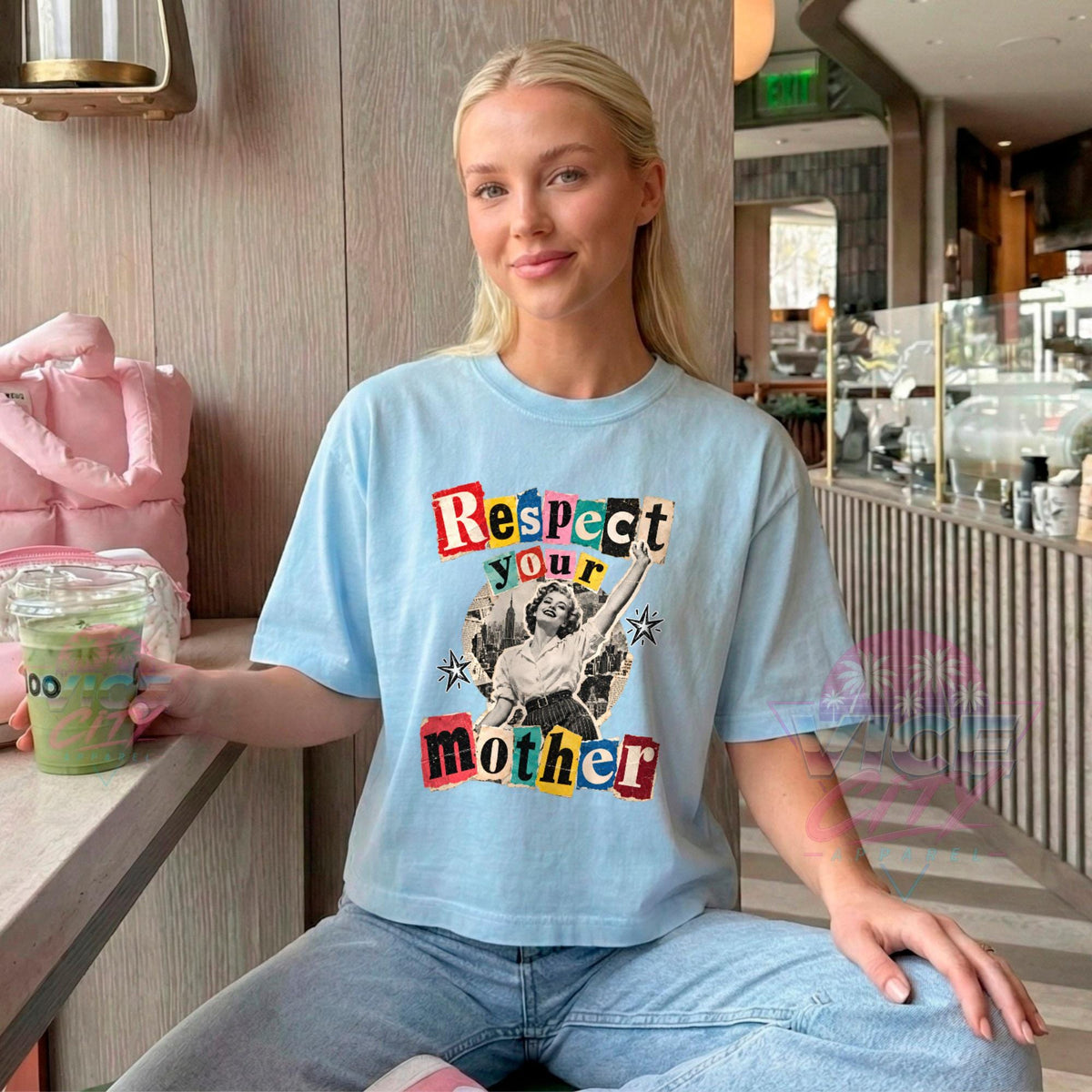 Respect Your Mother Print T-Shirt: Retro Collage Boxy Tee, Vintage Pin Up Boxy Tee with Comforting Colors for Mom, Christmas Gift Boxy Tee