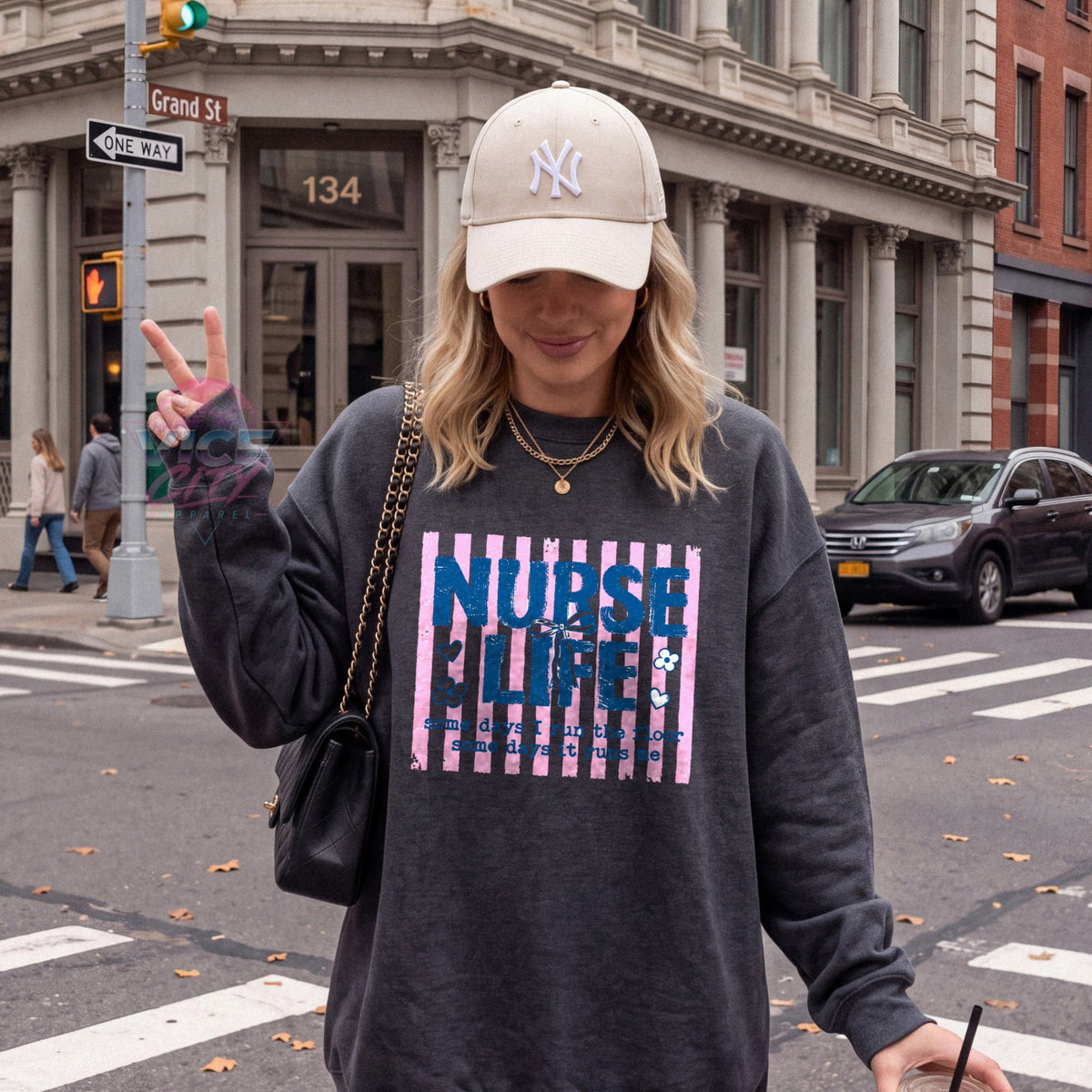 Nurse Life coquette bow pink striped sweatshirt - dark heather