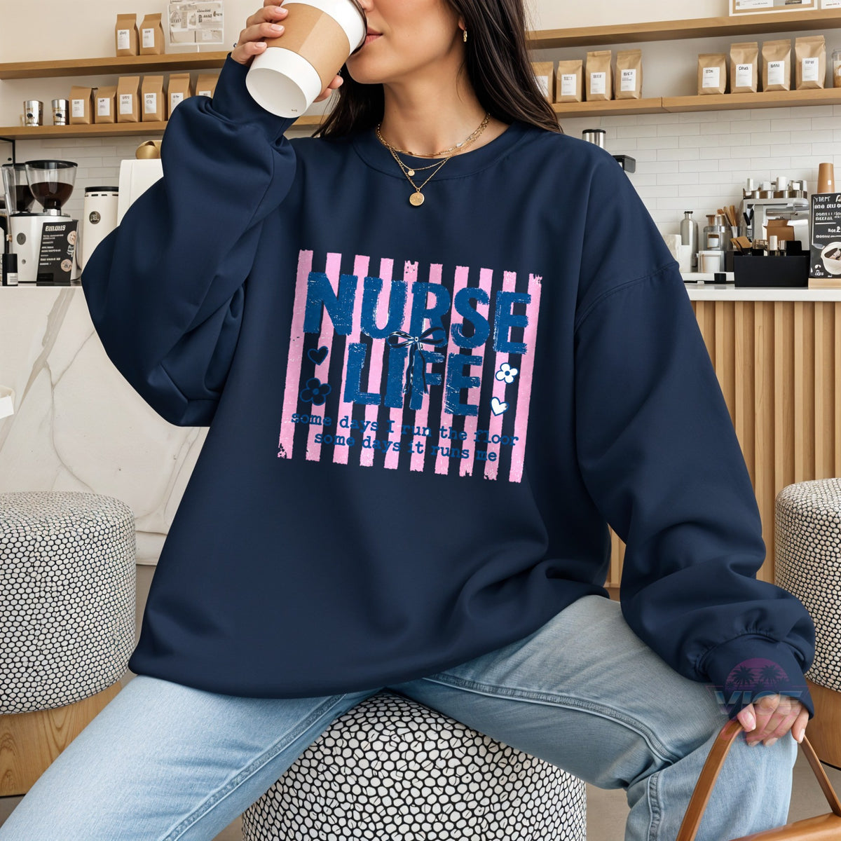 Nurse Life coquette bow pink striped sweatshirt - navy blue