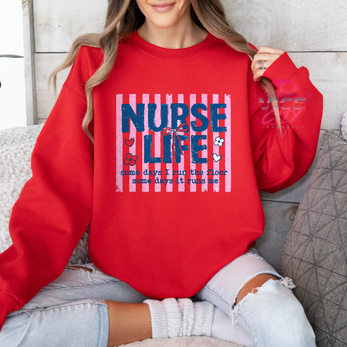 Nurse Life coquette bow pink striped sweatshirt - red