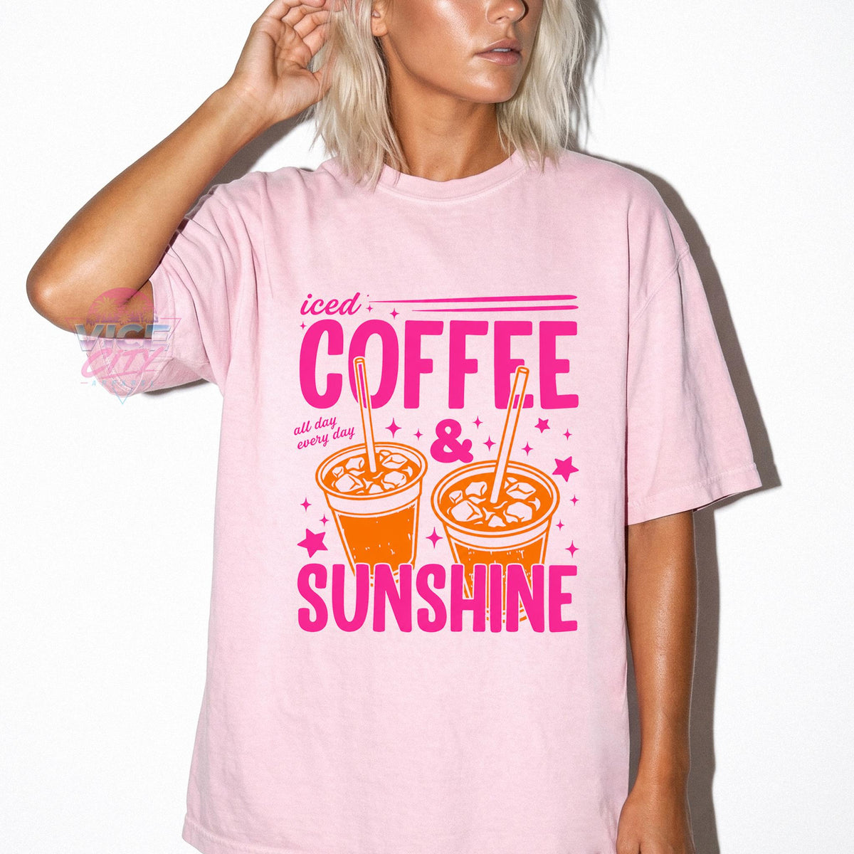 Iced Coffee and Sunshine" T-shirt, "Iced Coffee" T-shirt, gift for coffee lovers, summer graphic tee, "Summer Vibes" T-shirt, coffee T-shirt