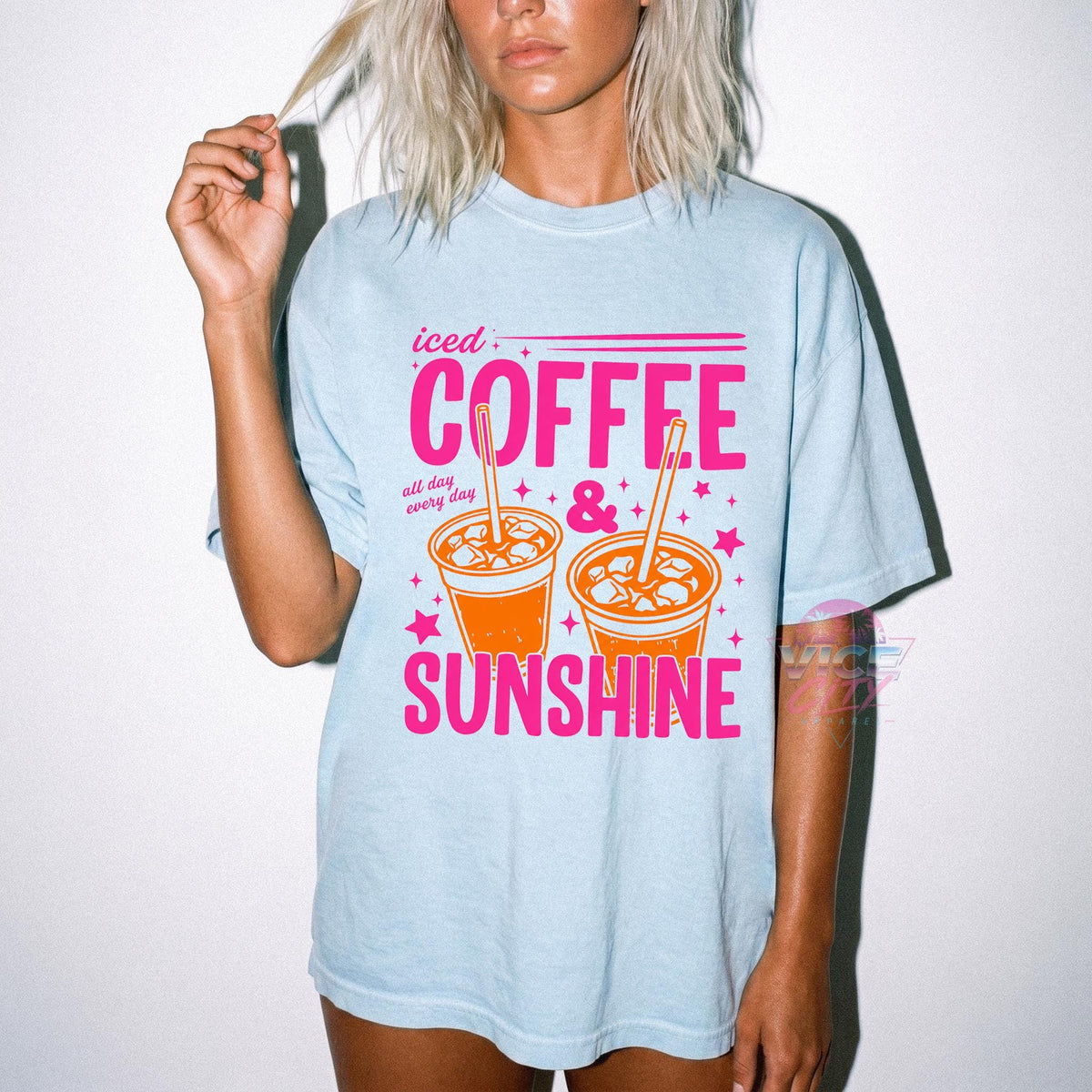 Iced Coffee and Sunshine" T-shirt, "Iced Coffee" T-shirt, gift for coffee lovers, summer graphic tee, "Summer Vibes" T-shirt, coffee T-shirt