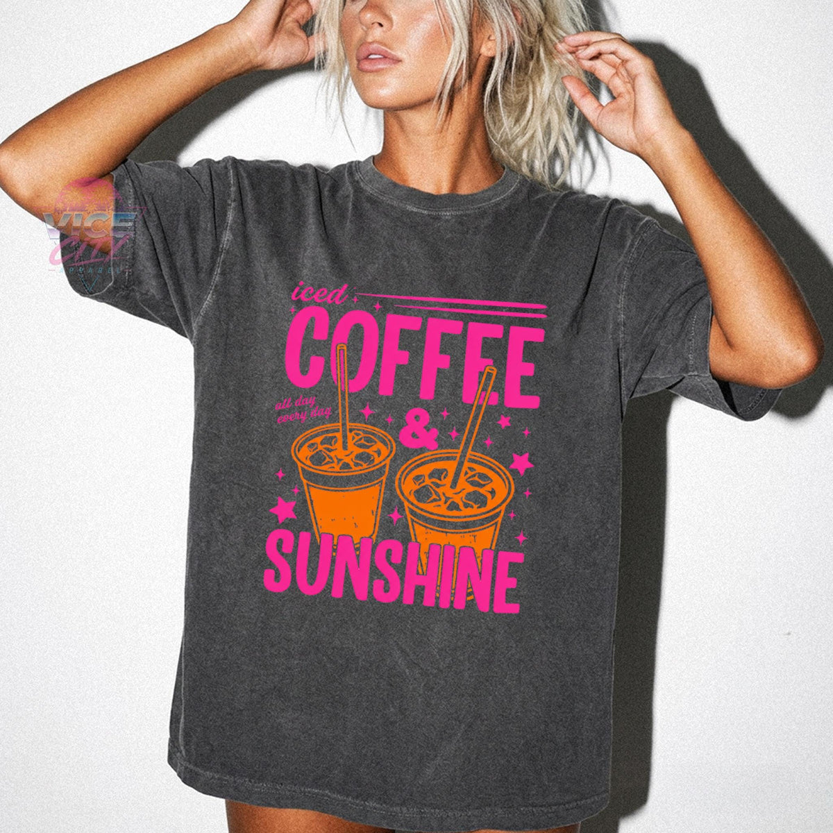 Iced Coffee and Sunshine" T-shirt, "Iced Coffee" T-shirt, gift for coffee lovers, summer graphic tee, "Summer Vibes" T-shirt, coffee T-shirt