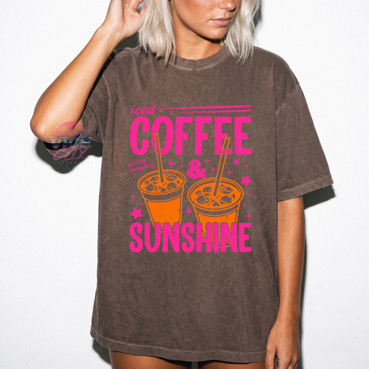 Iced Coffee and Sunshine" T-shirt, "Iced Coffee" T-shirt, gift for coffee lovers, summer graphic tee, "Summer Vibes" T-shirt, coffee T-shirt