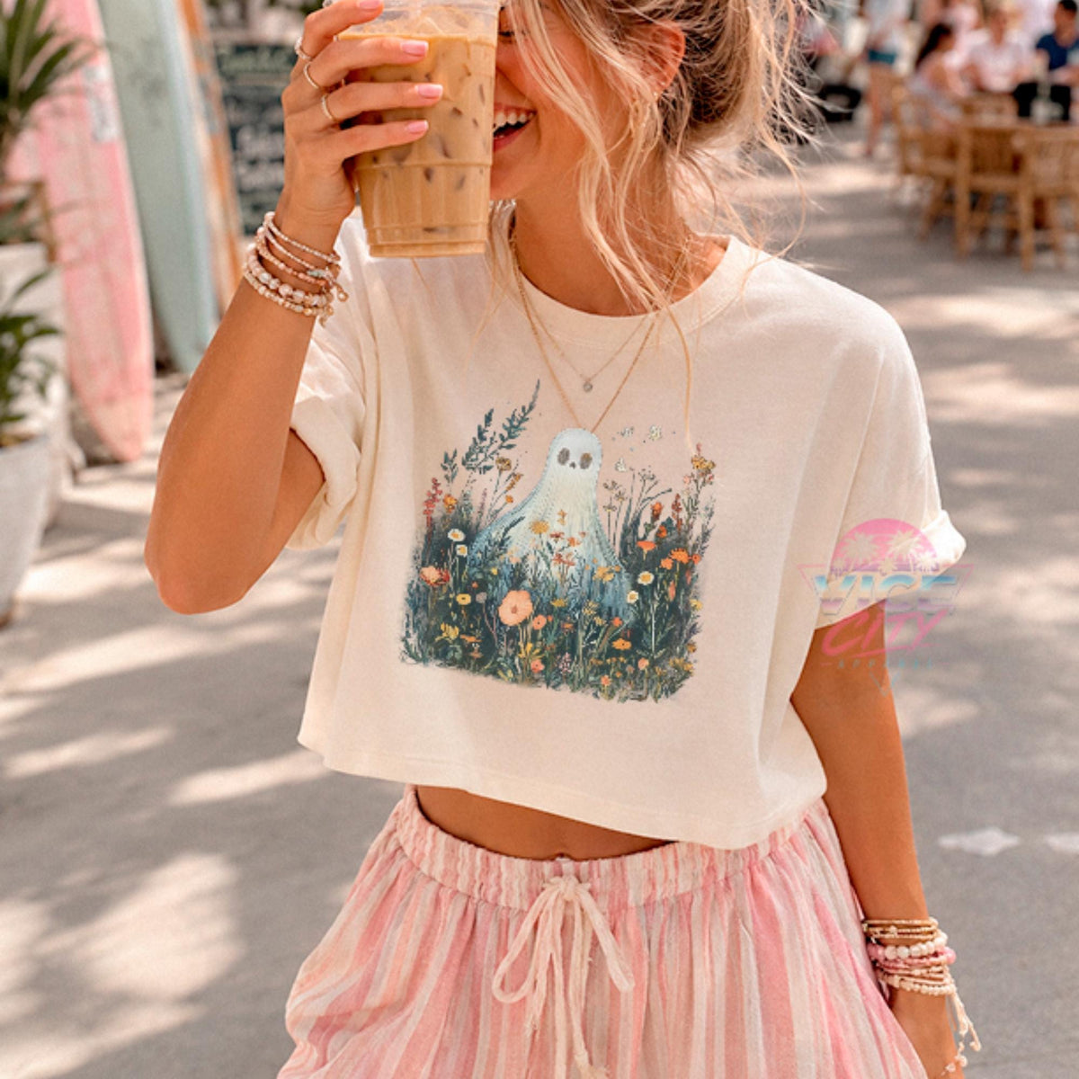 boxy cropped tee comfort colors ghost flowers halloween