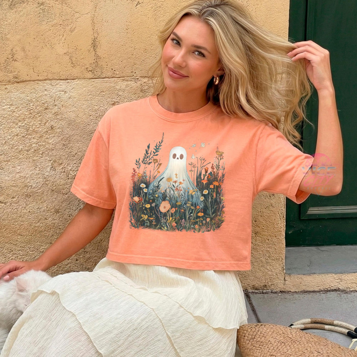 boxy cropped tee comfort colors ghost flowers halloween