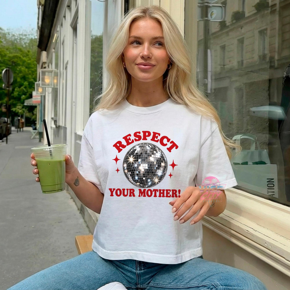 Disco Ball Print T-Shirt: Respect Disco Boxy Tee, Romantic Retro Boxy Tee with Comforting Colors for Mom, Christmas Gift Boxy Tee