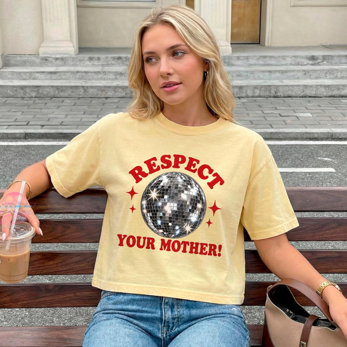 Disco Ball Print T-Shirt: Respect Disco Boxy Tee, Romantic Retro Boxy Tee with Comforting Colors for Mom, Christmas Gift Boxy Tee