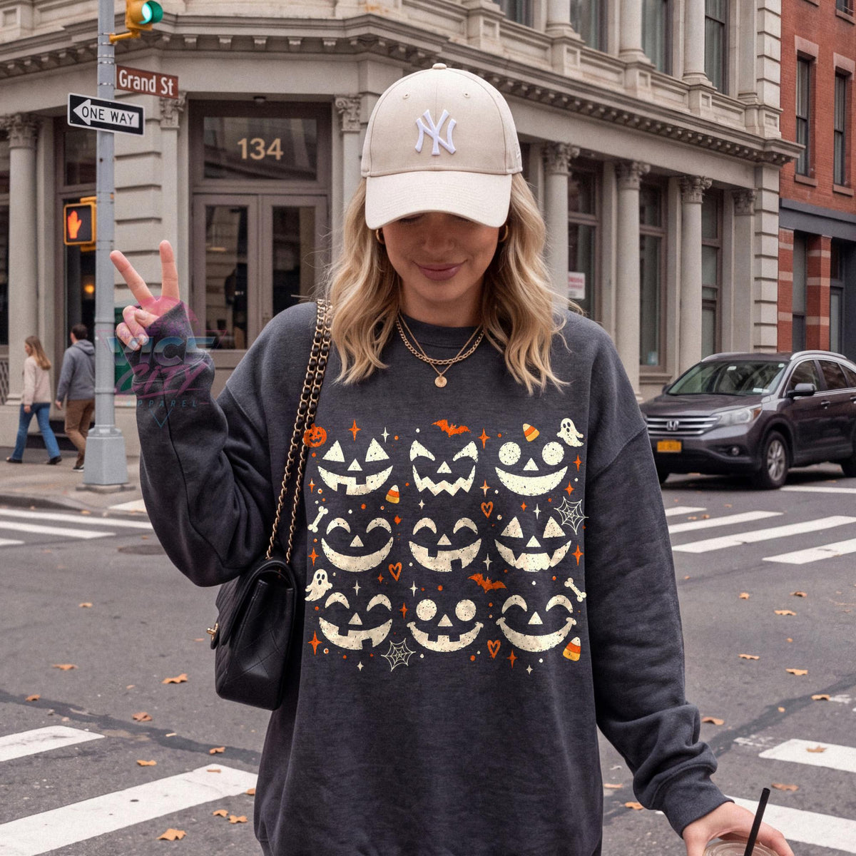 Pumpkin Faces Halloween Sweatshirt, Jack O Lantern Crewneck, Spooky Season Sweater, Cute Fall Shirt for Women