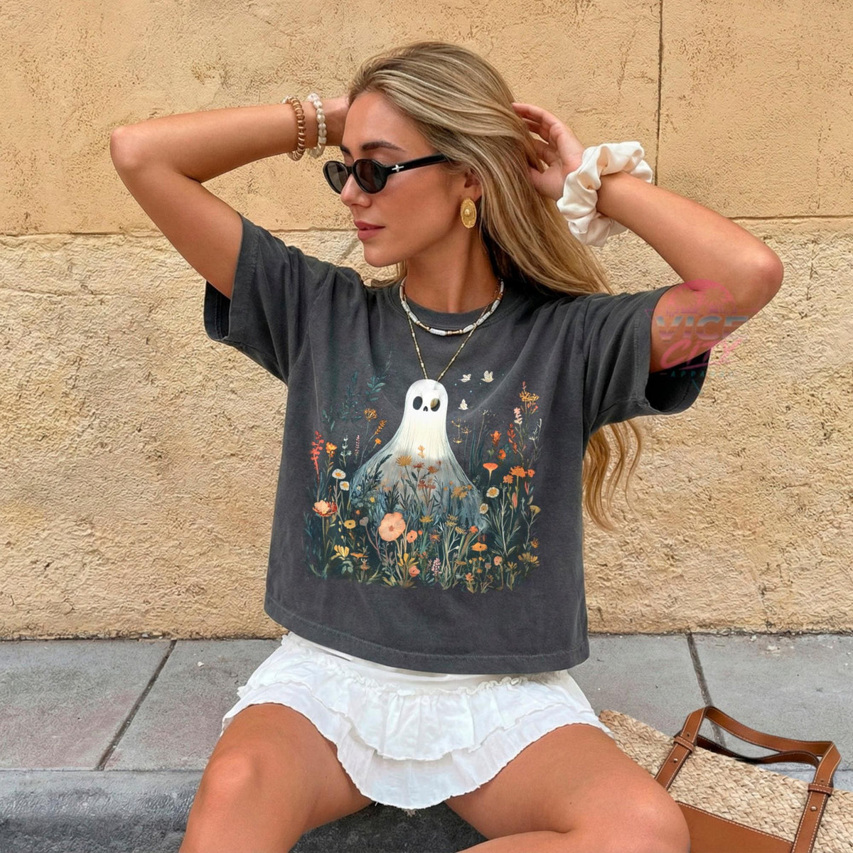 boxy cropped tee comfort colors ghost flowers halloween