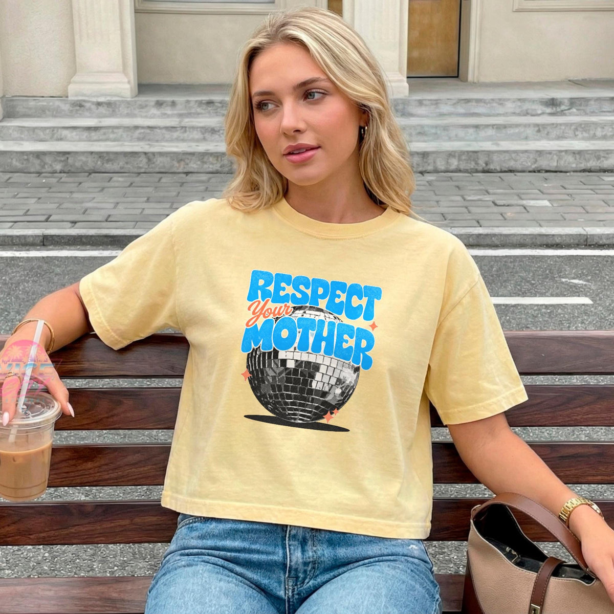 Disco Ball Print T-Shirt: Respect Disco Boxy Tee, Romantic Retro Boxy Tee with Comforting Colors for Mom, Christmas Gift Boxy Tee