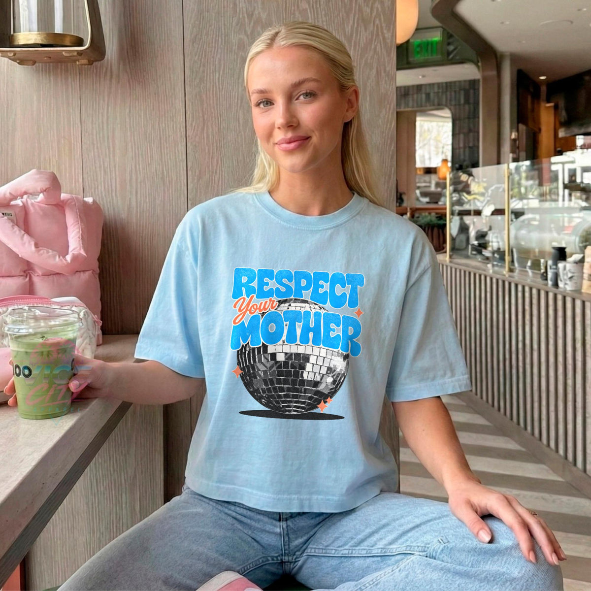 Disco Ball Print T-Shirt: Respect Disco Boxy Tee, Romantic Retro Boxy Tee with Comforting Colors for Mom, Christmas Gift Boxy Tee
