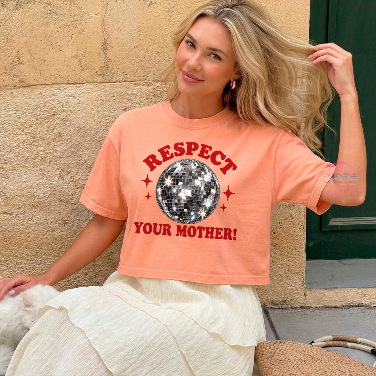 Disco Ball Print T-Shirt: Respect Disco Boxy Tee, Romantic Retro Boxy Tee with Comforting Colors for Mom, Christmas Gift Boxy Tee