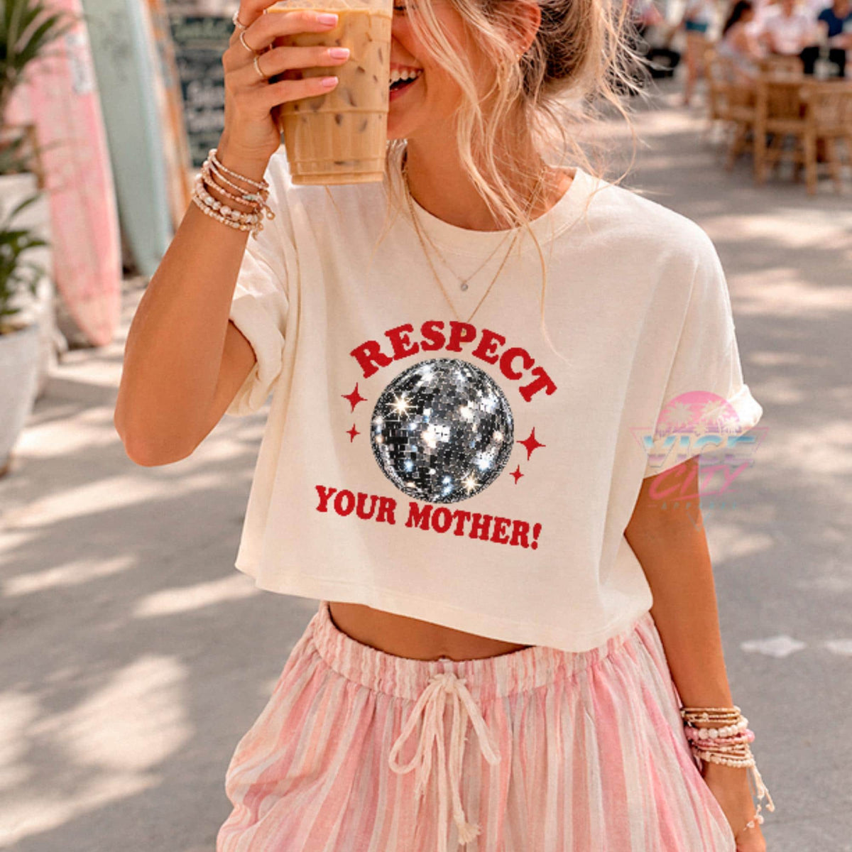 Disco Ball Print T-Shirt: Respect Disco Boxy Tee, Romantic Retro Boxy Tee with Comforting Colors for Mom, Christmas Gift Boxy Tee