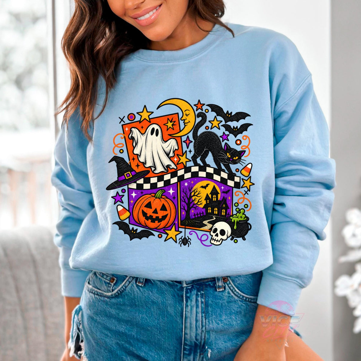 Retro Halloween Sweatshirt, Ghost Black Cat Pumpkin Crewneck, Checkered Spooky Season Sweater, Haunted House Witch Fall Shirt for Women