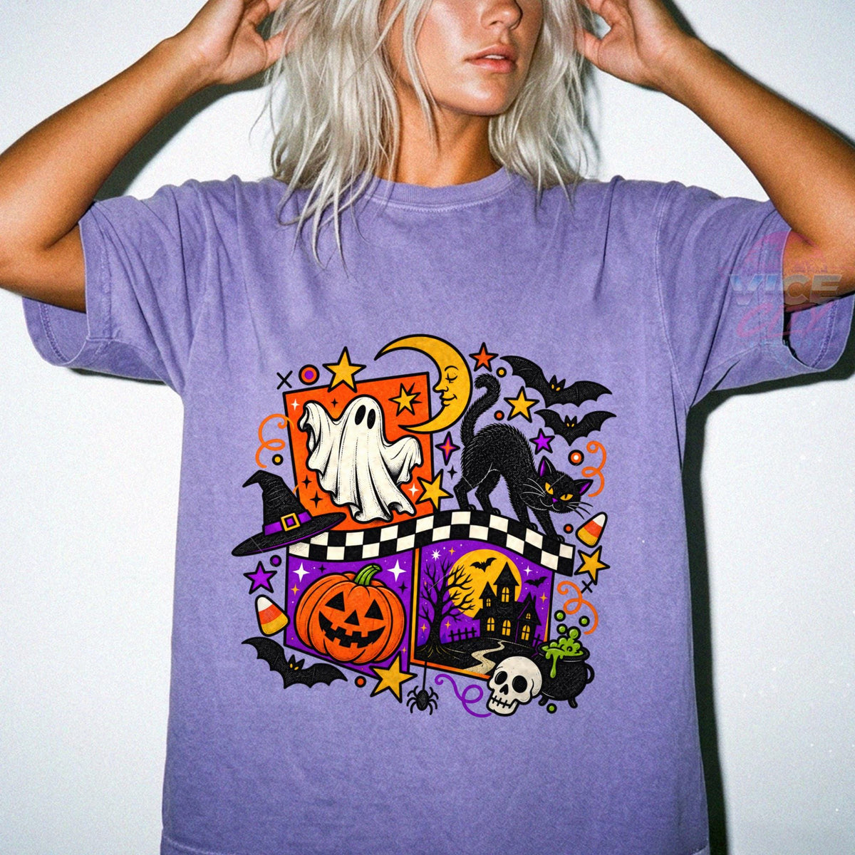 Retro Halloween Shirt, Ghost Black Cat Pumpkin T-Shirt, Checkered Spooky Season Tee, Comfort Colors Halloween Tee, Haunted House Shirt