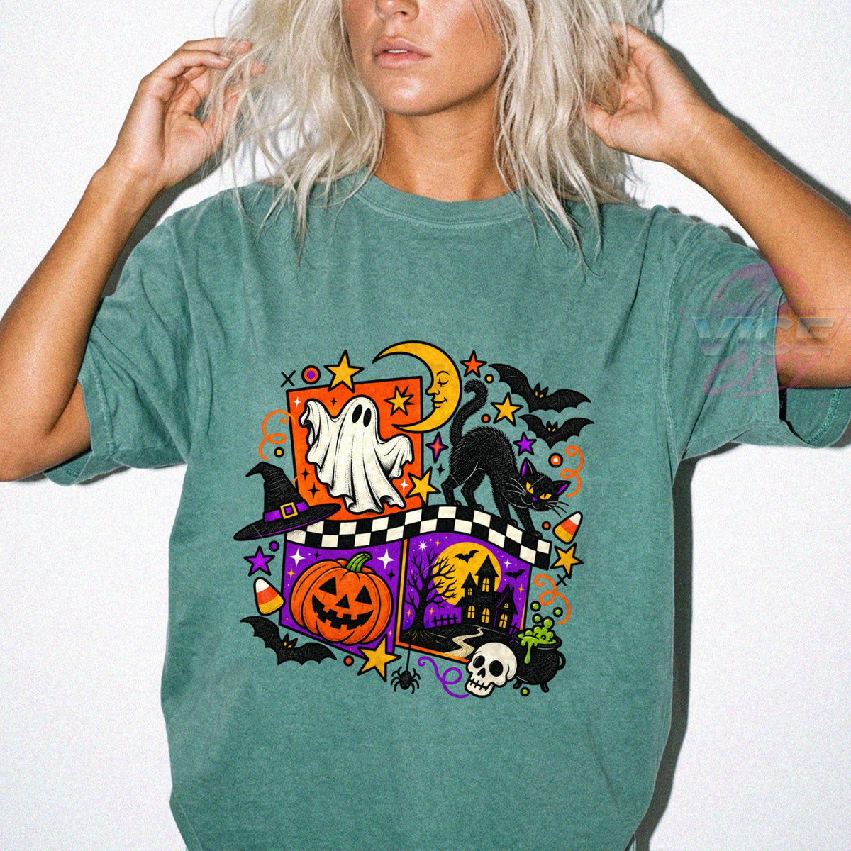 Retro Halloween Shirt, Ghost Black Cat Pumpkin T-Shirt, Checkered Spooky Season Tee, Comfort Colors Halloween Tee, Haunted House Shirt