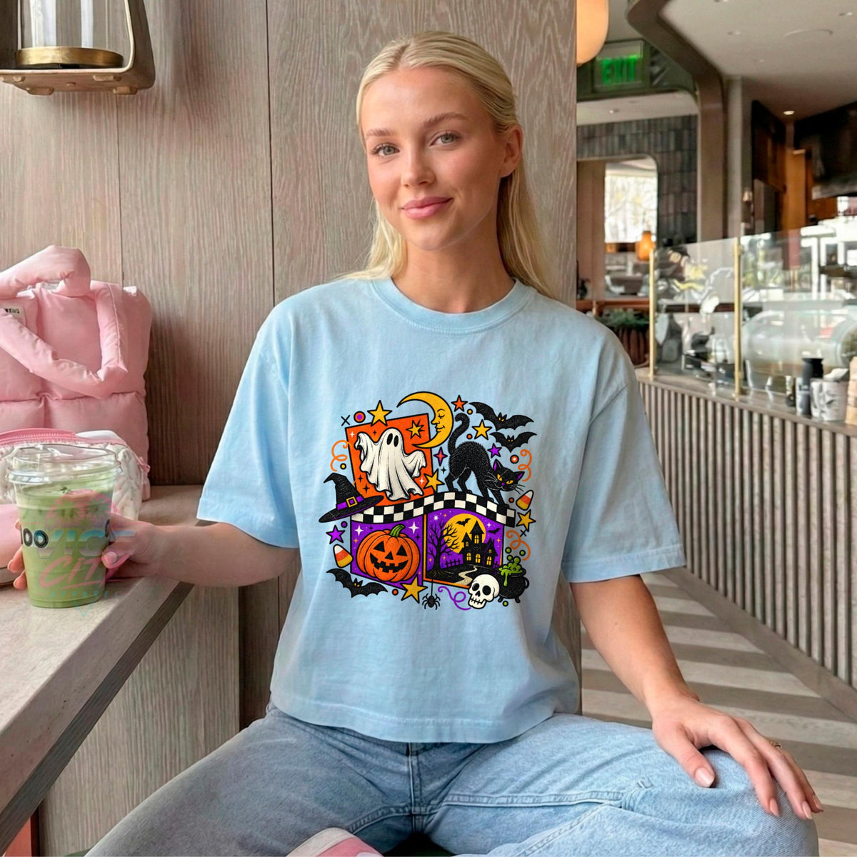 Retro Halloween Boxy Tee, Ghost Black Cat Pumpkin Cropped T-Shirt, Checkered Spooky Season Shirt, Comfort Colors Womens Halloween Tee