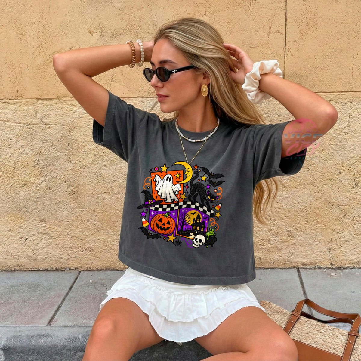 Retro Halloween Boxy Tee, Ghost Black Cat Pumpkin Cropped T-Shirt, Checkered Spooky Season Shirt, Comfort Colors Womens Halloween Tee
