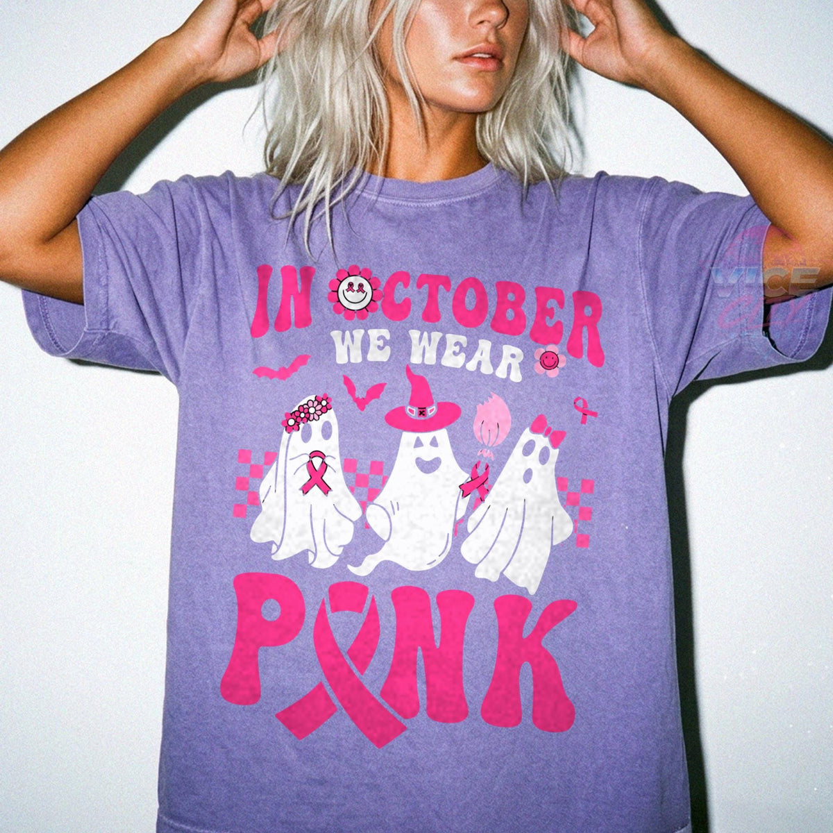 In October We Wear Pink Shirt, Ghost Breast Cancer Awareness T-Shirt, Pink Ribbon Halloween Tee, Comfort Colors Cancer Support Tee