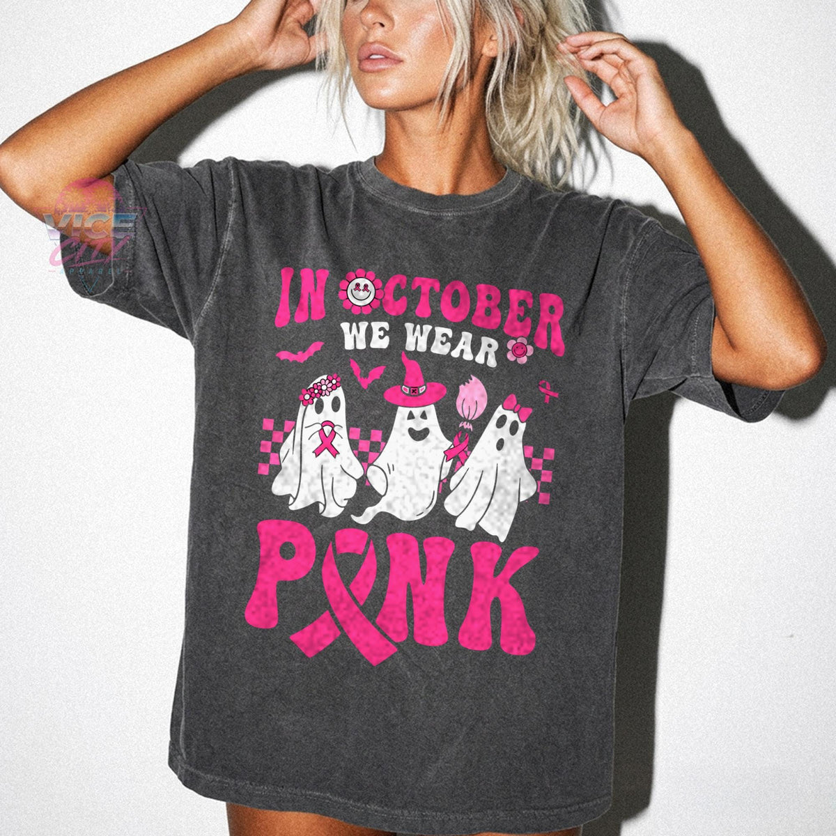 In October We Wear Pink Shirt, Ghost Breast Cancer Awareness T-Shirt, Pink Ribbon Halloween Tee, Comfort Colors Cancer Support Tee