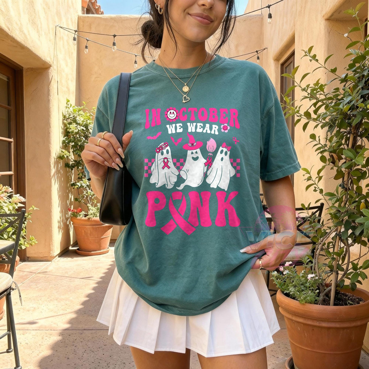 In October We Wear Pink Shirt, Ghost Breast Cancer Awareness T-Shirt, Pink Ribbon Halloween Tee, Comfort Colors Cancer Support Tee