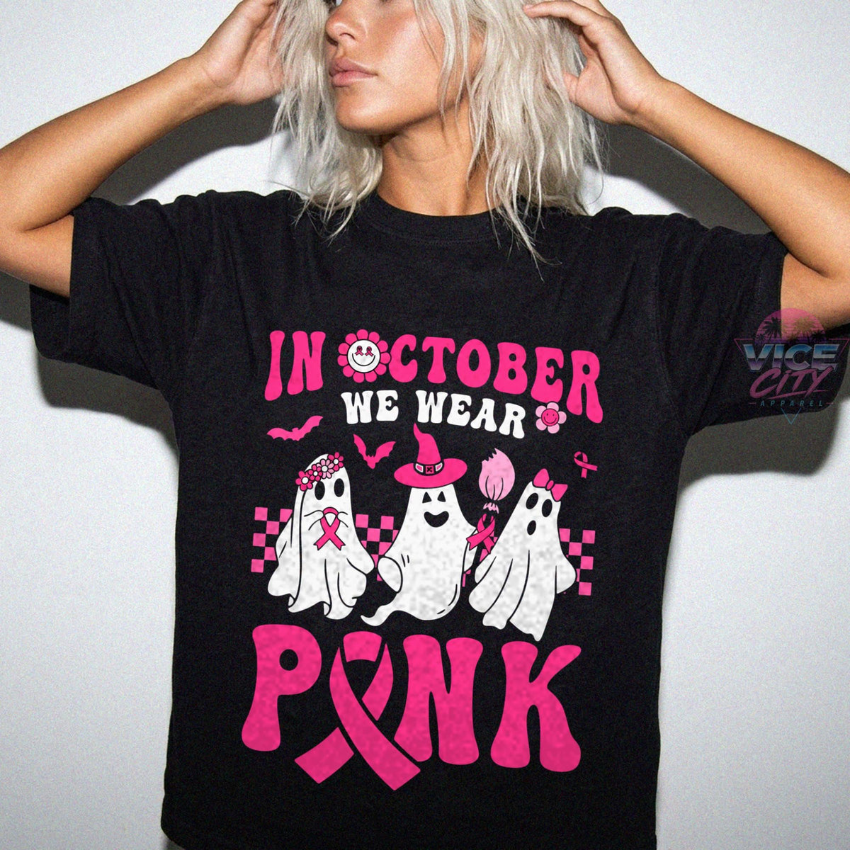 In October We Wear Pink Shirt, Ghost Breast Cancer Awareness T-Shirt, Pink Ribbon Halloween Tee, Comfort Colors Cancer Support Tee