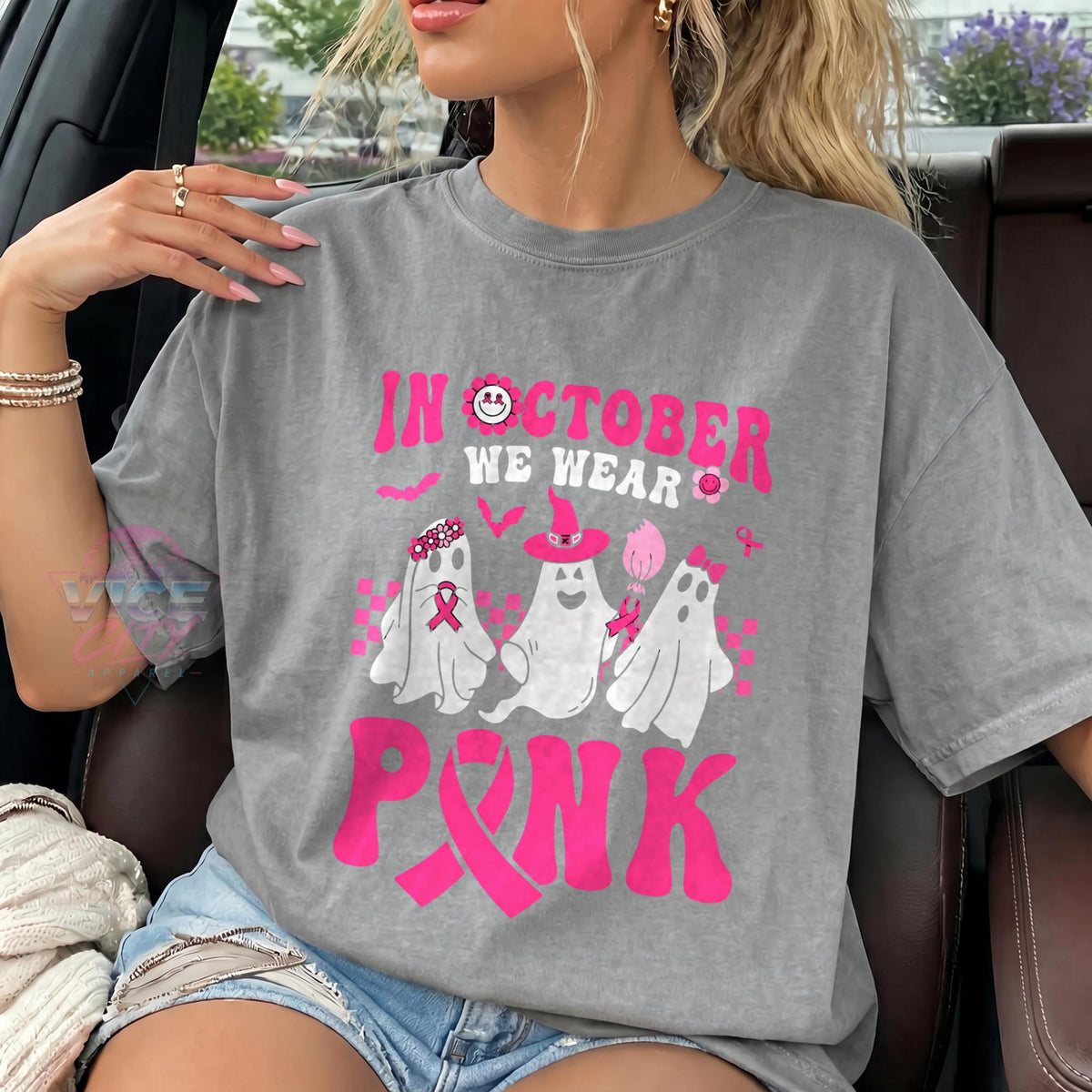 In October We Wear Pink Shirt, Ghost Breast Cancer Awareness T-Shirt, Pink Ribbon Halloween Tee, Comfort Colors Cancer Support Tee