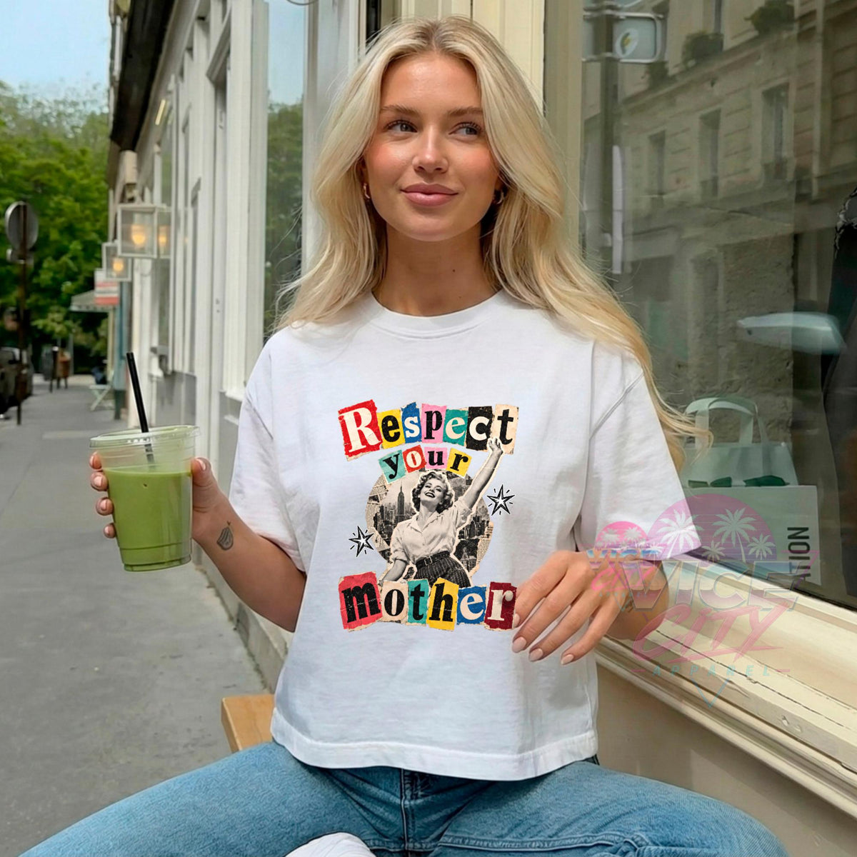 Respect Your Mother Print T-Shirt: Retro Collage Boxy Tee, Vintage Pin Up Boxy Tee with Comforting Colors for Mom, Christmas Gift Boxy Tee