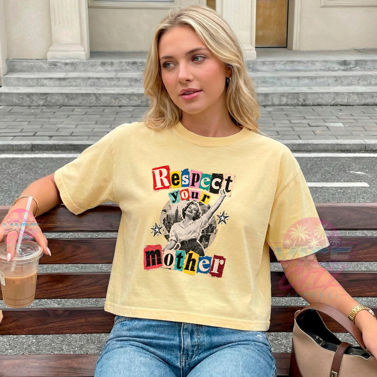 Respect Your Mother Print T-Shirt: Retro Collage Boxy Tee, Vintage Pin Up Boxy Tee with Comforting Colors for Mom, Christmas Gift Boxy Tee