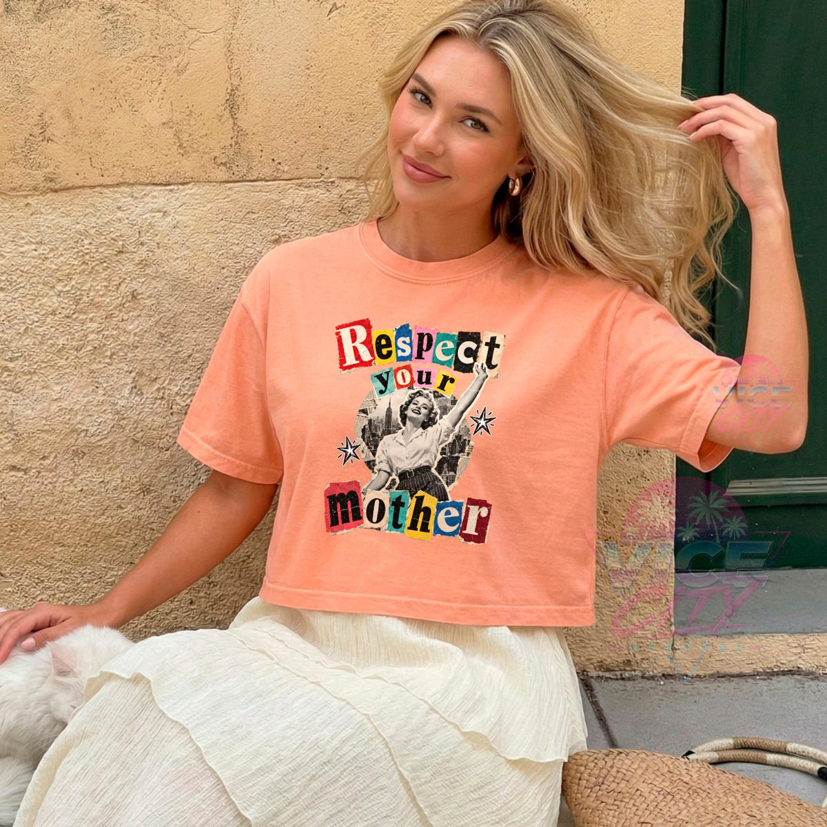 Respect Your Mother Print T-Shirt: Retro Collage Boxy Tee, Vintage Pin Up Boxy Tee with Comforting Colors for Mom, Christmas Gift Boxy Tee